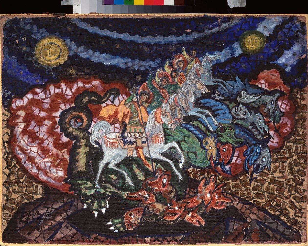 Bühnenvorhang-Entwurf für das Theaterstück "Der Triumph der Staaten" von A. Bobrishchev-Pushkin von Sergei Yurevich Sudeikin