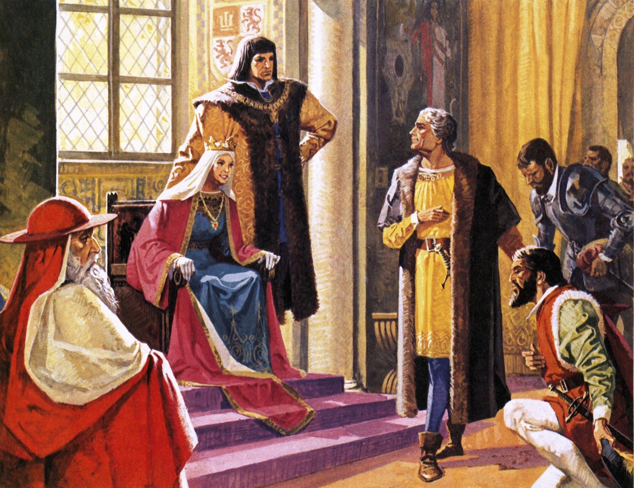Amerigo Vespucci stellt sich vor, Berichte über seine Reisen an Königin Isabella von Spanien zu geben von Severino Baraldi