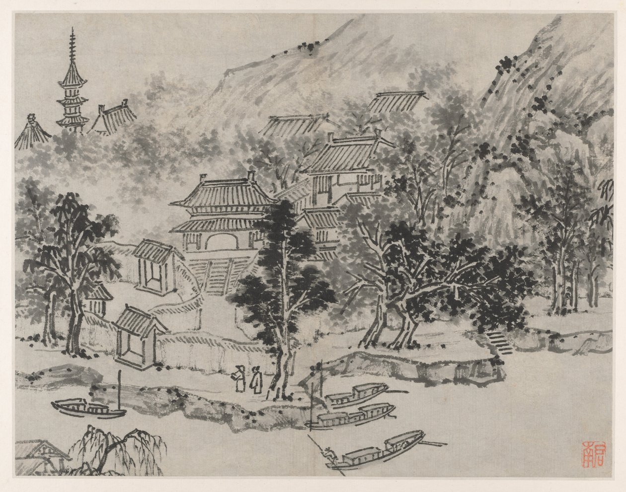 Zwölf Ansichten des Tigerhügels, Suzhou: Ferne Ansicht des Tigerhügels vom Kanal, nach 1490 von Shen Zhou