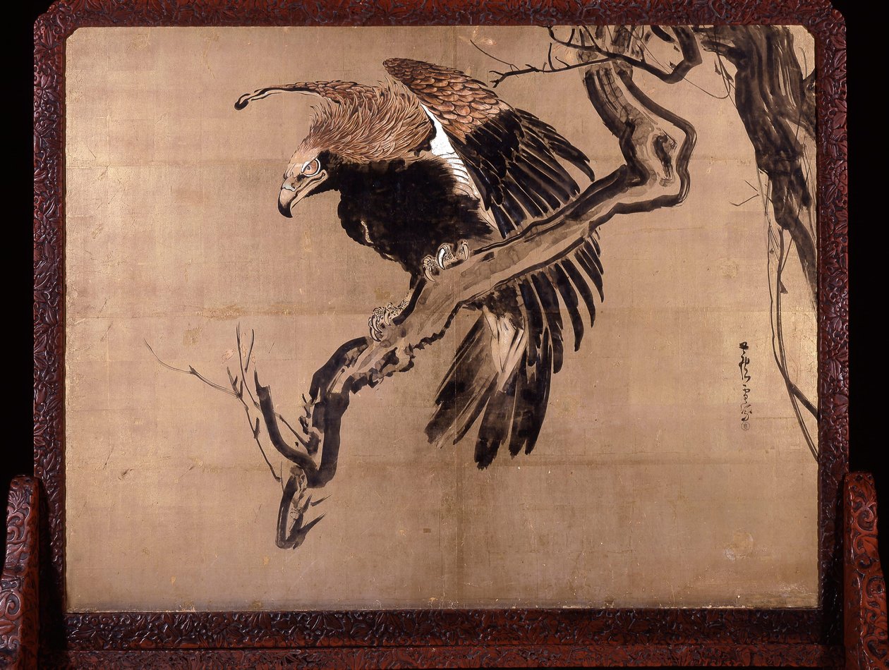 Karpfen in Wellen (Zeshin) und Adler auf einem Ast (Rosetsu Rückseite) von Shibata Zeshin