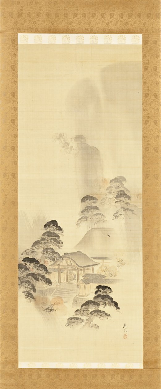 Tempel im Herbstregen von Shibata Zeshin