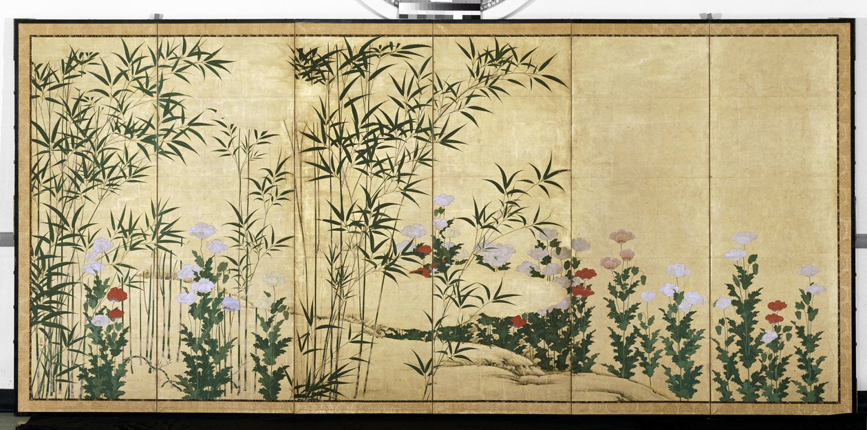 Bambus und Mohn, frühes 17. Jahrhundert (Paar von sechs-Panel-Bildschirmen; Tinte, Farbe und Gold auf Papier) von Shigenobu Kano