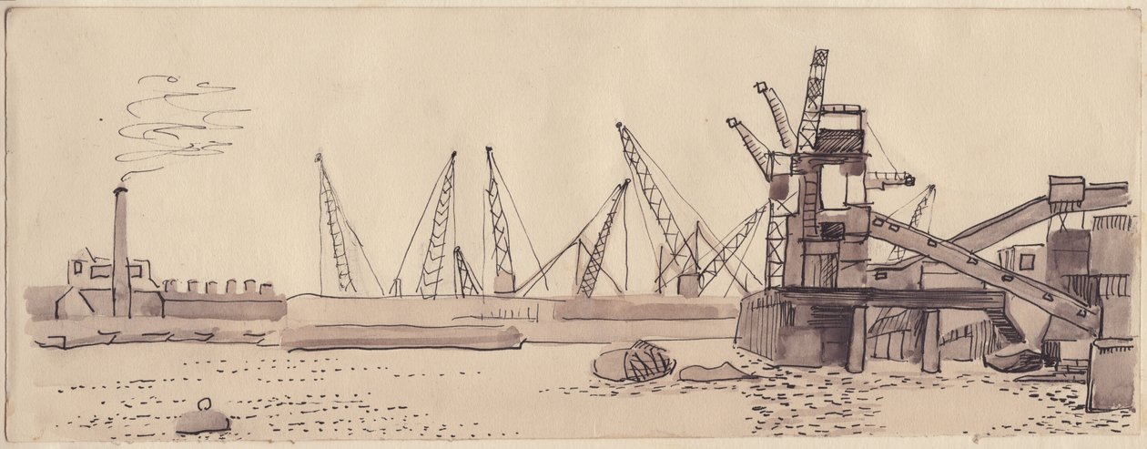 Docks am Fluss Themse in London, 1951 von Shirley Markham
