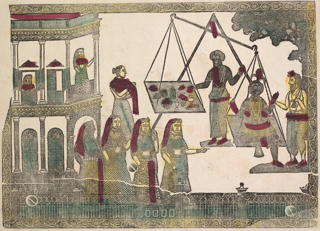 Krishna gegen wertvolle Gegenstände gewogen, 1800er Jahre von Shri Gobinda Chandra Roy