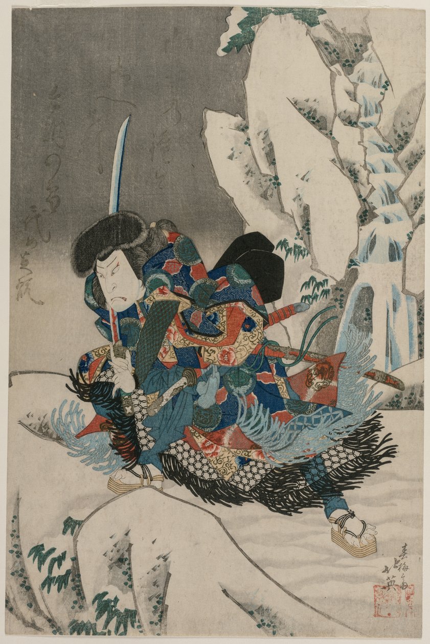 Nakamura Utaemon IV als Krieger im Schnee von Shumbaisai Hokuei