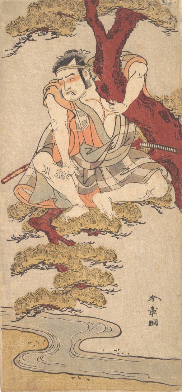 Der Schauspieler Otani Hiroemon III beobachtet von den Ästen einer Kiefer... von Shunsho