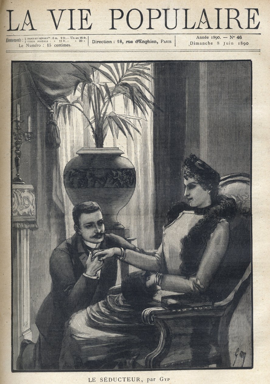 Ein Mann auf den Knien hält die Hand einer eleganten Frau, die in einem bürgerlichen Wohnzimmer sitzt, ihren Mantel, einen Ärmel und einen Pelzschal trägt. Illustration für Le Seducteur par Gyp (Sibylle Gabrielle Marie Antoinette Riquetti de Mirabeau, Gräf von Sibylle Gabrielle de Riquetti de Mirabeau