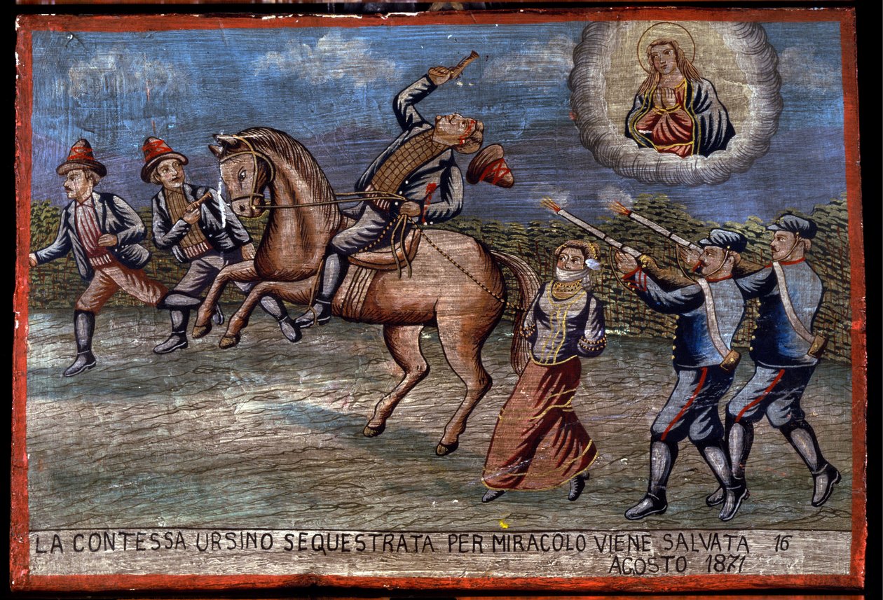Ex-voto (ex voto) Sizilianisch: „Die entführte Gräfin Ursino wurde am 16.08.1871 durch ein Wunder gerettet“. Darstellung eines Raubüberfalls (Brigantaggio): Die drei Räuber entführen die Gräfin, während die Carabinieri auf sie schießen. von Sicilian School