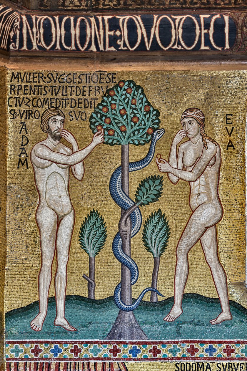 Die Palatinkapelle (Basilika), Mosaikzyklus des Alten Testaments, Zyklus der Schöpfung: "Die Erbsünde", XII. Jahrhundert von Sicilian School