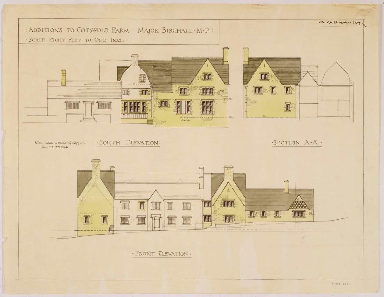 Erweiterungen der Cotswold Farm: Süd- und Vorderansichten, ca. 1925 von Sidney Barnsley
