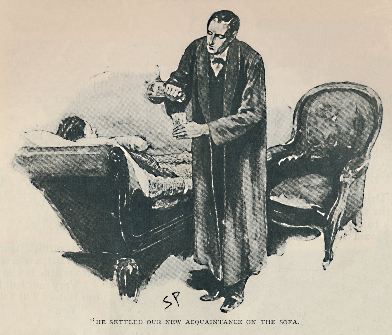 Er setzte unseren neuen Bekannten auf das Sofa, 1892 von Sidney Paget
