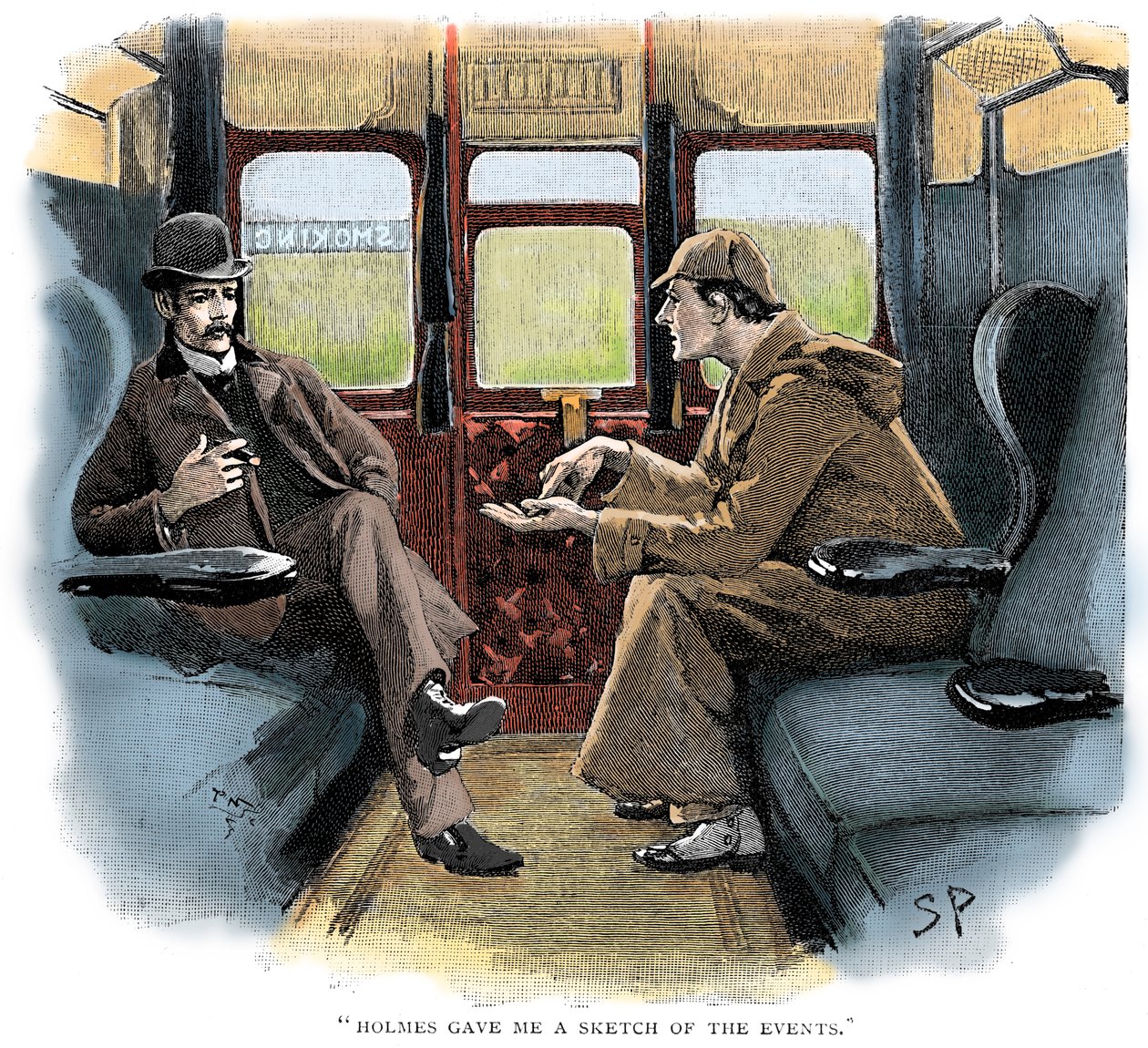Das Abenteuer von Silver Blaze, Holmes und Watson im Zug von Sidney Paget