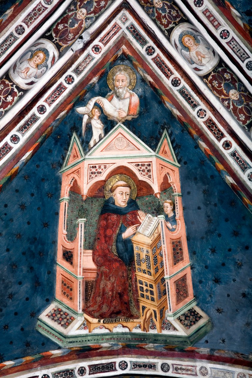Detailansicht eines Freskos, das eines der Gewölbe der Oberkirche schmückt und die vier Ärzte der römischen Kirche darstellt: Gregor I. der Große und der Evangelist Matthäus von Sienese School