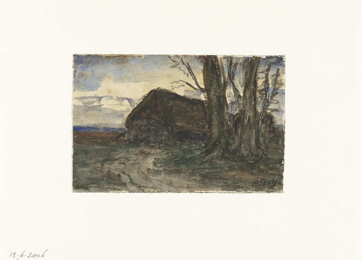 Schafstall bei Bäumen im Abendlicht von Sientje Mesdag van Houten