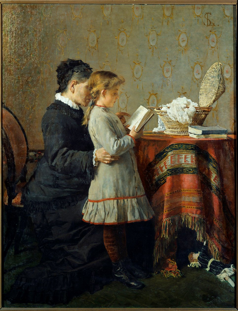 Lesestunde. Eine Krankenschwester bringt einem kleinen Mädchen das Lesen bei. Gemälde von Silvestro Lega (1826-1895) von Silvestro Lega