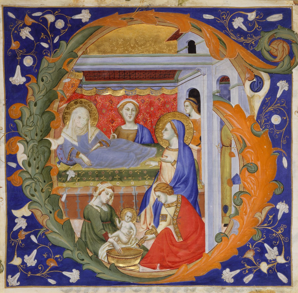 Manuskript-Illumination mit der Geburt der Jungfrau Maria in einem Initial G, aus einem Graduale, ca. 1375 von Silvestro dei Gherarducci