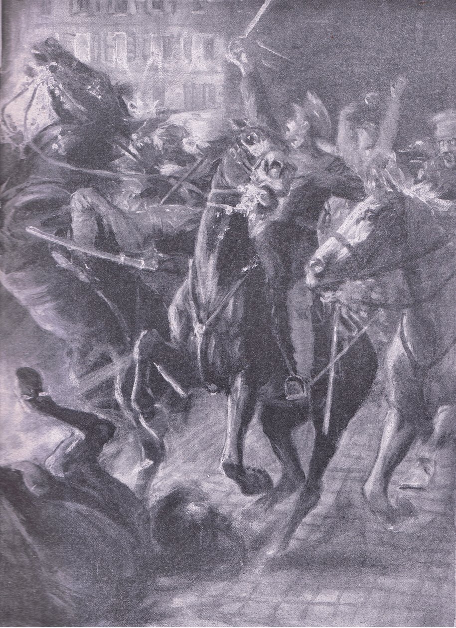 Ein nächtlicher Angriff der britischen Kavallerie während der umfassenden Bewegung im Oktober 2014, aus Geschichte des Großen Krieges Band 3, veröffentlicht von Waverley Book Co Limited, ca. 1920 von Simon Harmon Vedder