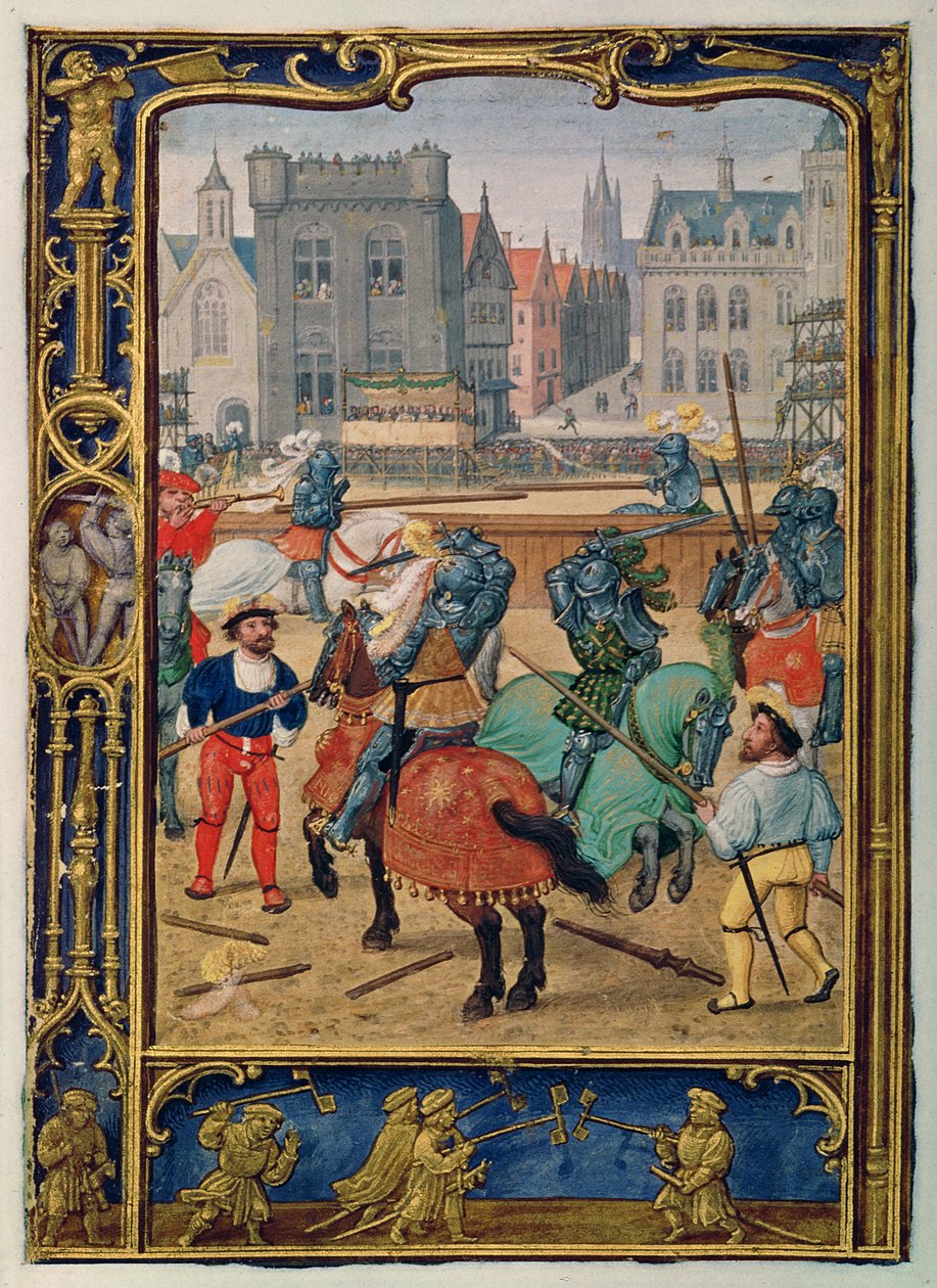 Juni: Turnier und ein Spiel mit Steckenpferden, aus einem Stundenbuch, oder dem Golfbuch, ca. 1520-30 von Simon (workshop of) Bening