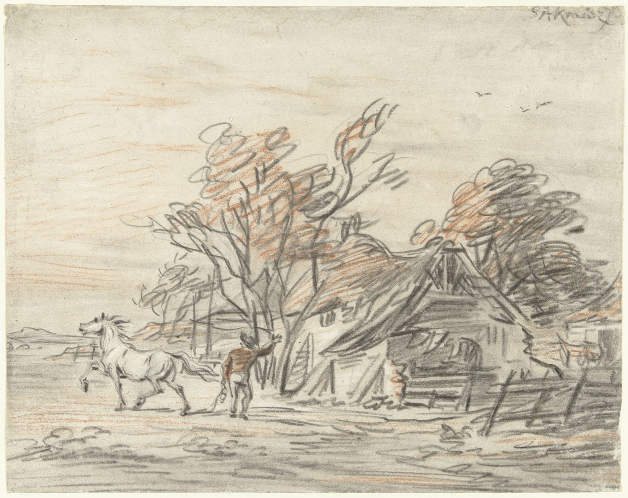 Bauernhaus mit einem Bauern, der sein Pferd dressiert von Simon Andreas Krausz