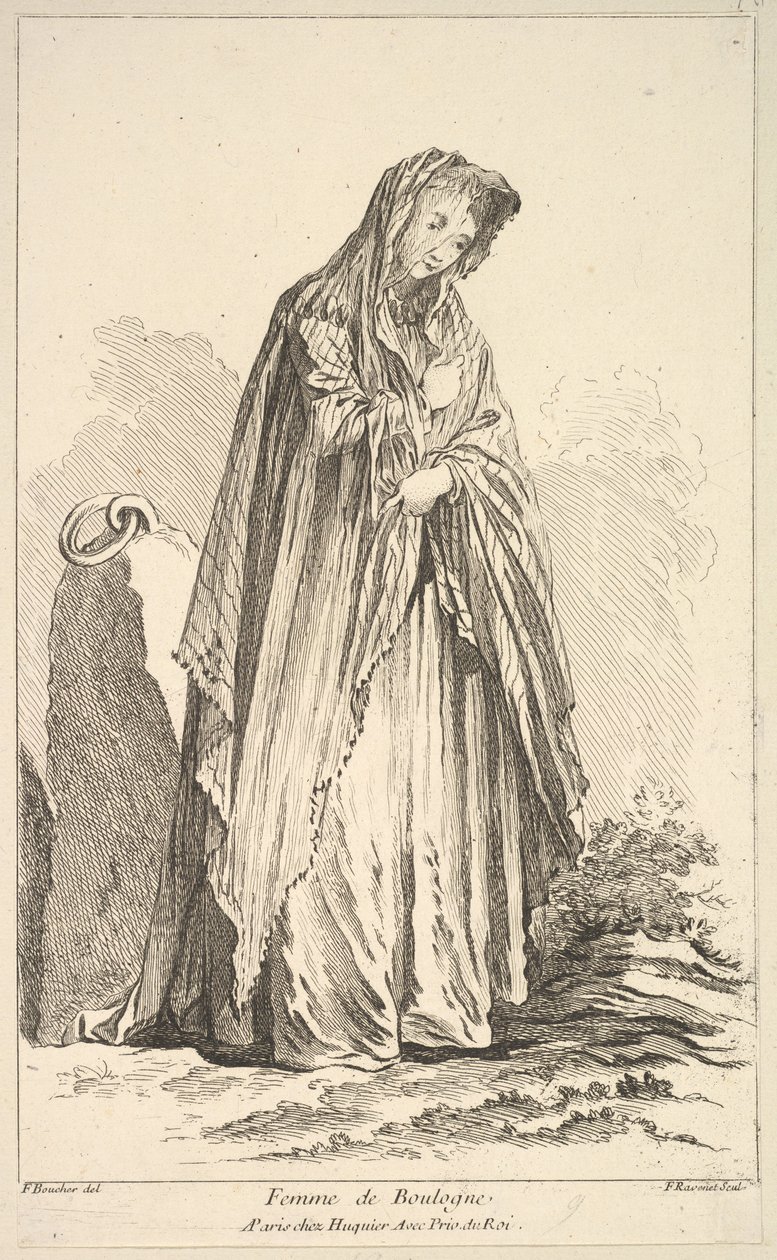 Femme de Boulogne, aus Recueil de diverses figures étrangères Inventées par F. Bo..., 18. Jahrhundert von Simon Francois Ravenet