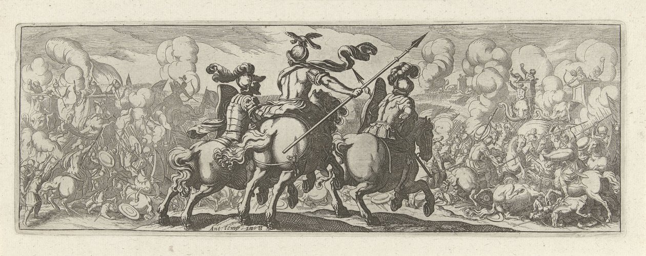 Drei Kavalleristen bei einer Feldschlacht mit Elefanten (Cavalerie) von Simon Frisius