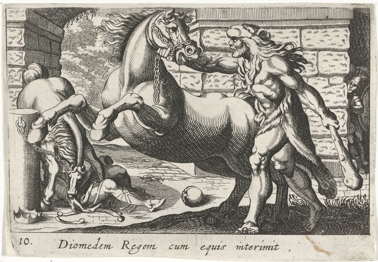 Herkules zähmt die Pferde des Diomedes (Diomedem Regem cum equis, Herculische Themen) von Simon Frisius