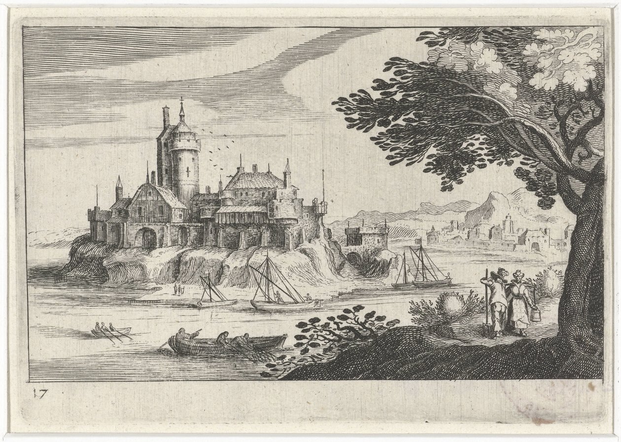 Hügellandschaft mit einer Burg auf einer Insel von Simon Frisius
