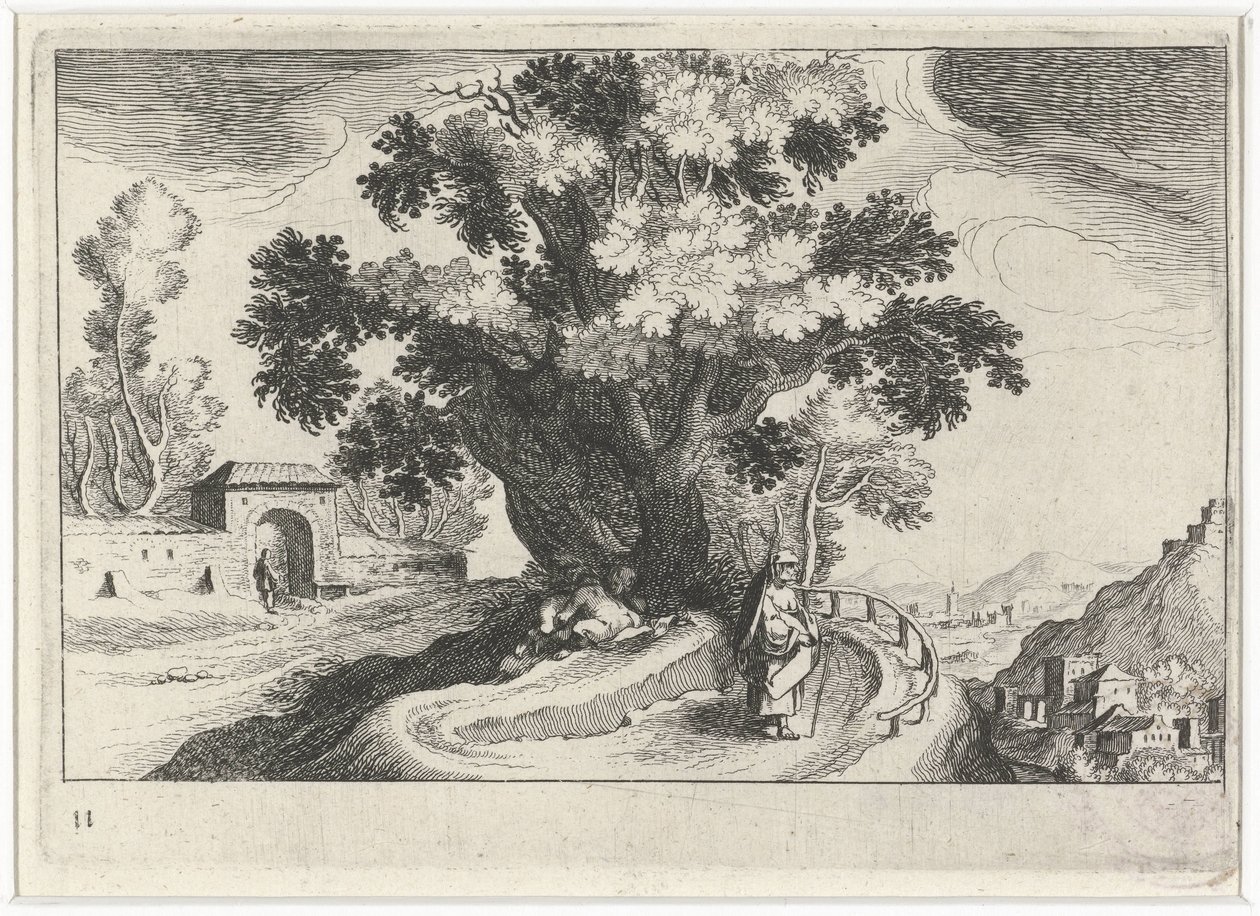 Hügellandschaft mit liebenden Figuren unter einem Baum von Simon Frisius