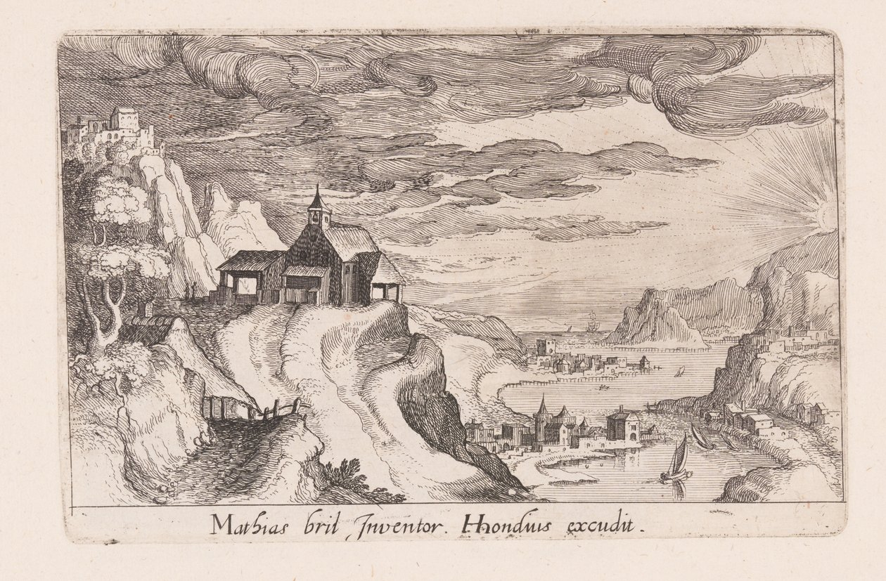 Landschaft mit einem Flusstal und einer Kirche auf einem Hügel, aus Topographia Variarum Regionum von Simon Frisius