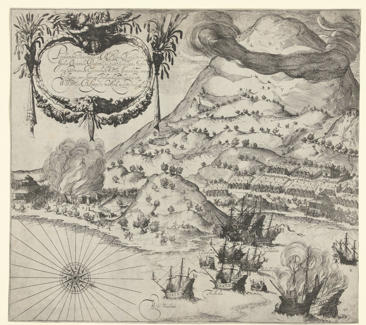 Überwindung der Holländer über die Portugiesen auf Tidore (linke Platte), 1605 von Simon Frisius