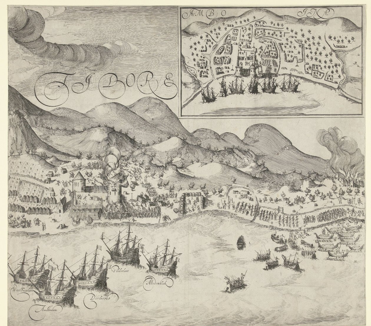 Sieg der Holländer über die Portugiesen auf Tidore (rechte Platte), 1605 von Simon Frisius