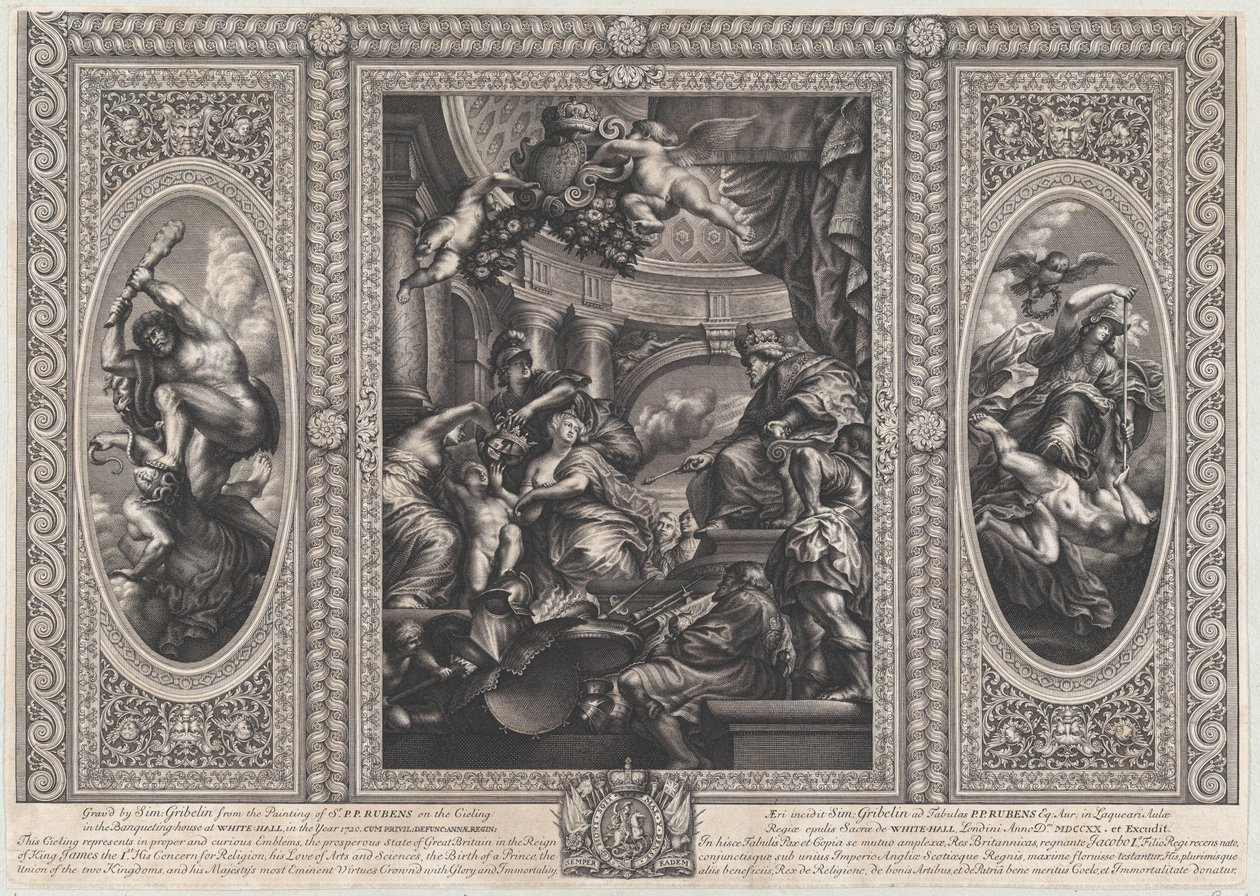 Eine allegorische Szene, die die Vorteile der Herrschaft von James zeigt, weise Regierung, 1720 von Simon Gribelin