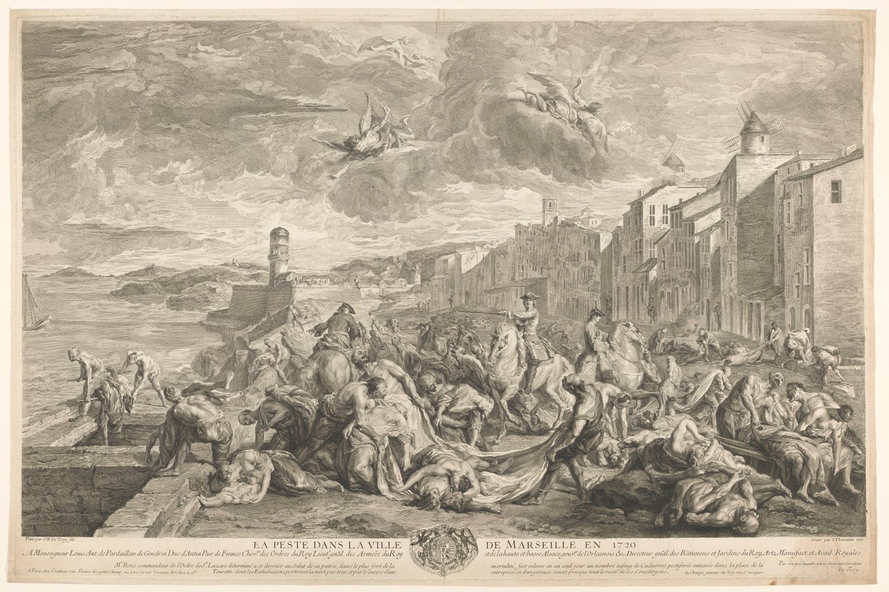 Opfer der Beulenpest werden in La Tourette, Marseille, entfernt. Die Pest in der Stadt Marseille im Jahr 1720 (Titel auf dem Objekt) von Simon Henri Thomassin
