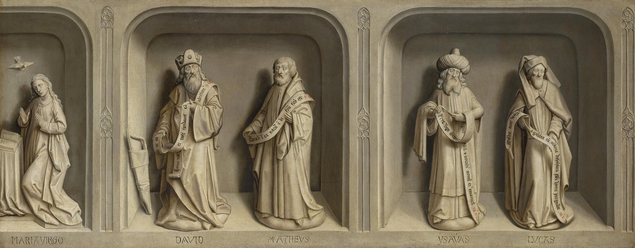 Szenen aus dem Leben des Heiligen Bertin und die Verkündigung an Maria mit Propheten und Evangelisten von Simon Marmion