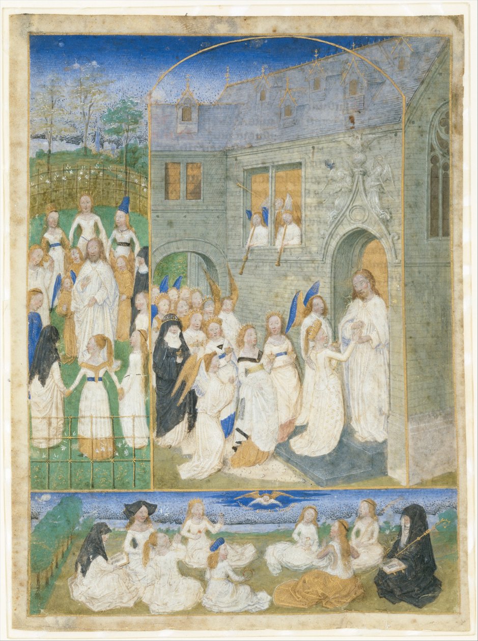 Die Heiligen Jungfrauen werden von Christus begrüßt, als sie die Tore des Paradieses betreten von Simon Marmion