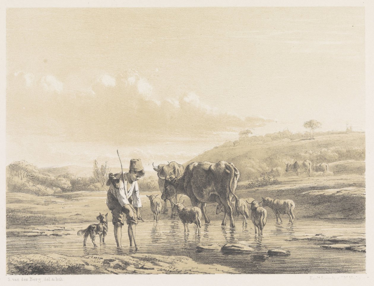 Hirtenjunge mit Herde im seichten Wasser von Simon van den Berg