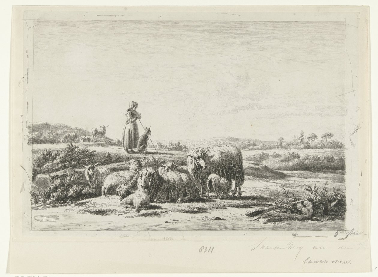 Landschaft mit Schäferin und Hund bei einer Schafherde von Simon van den Berg