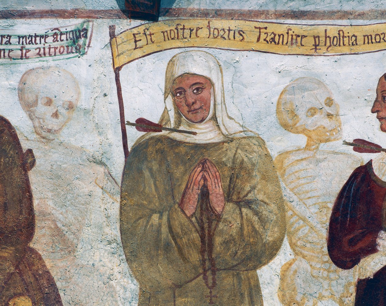 Der Tod mit der Nonne, Detail aus dem Totentanz von Simone II Baschenis
