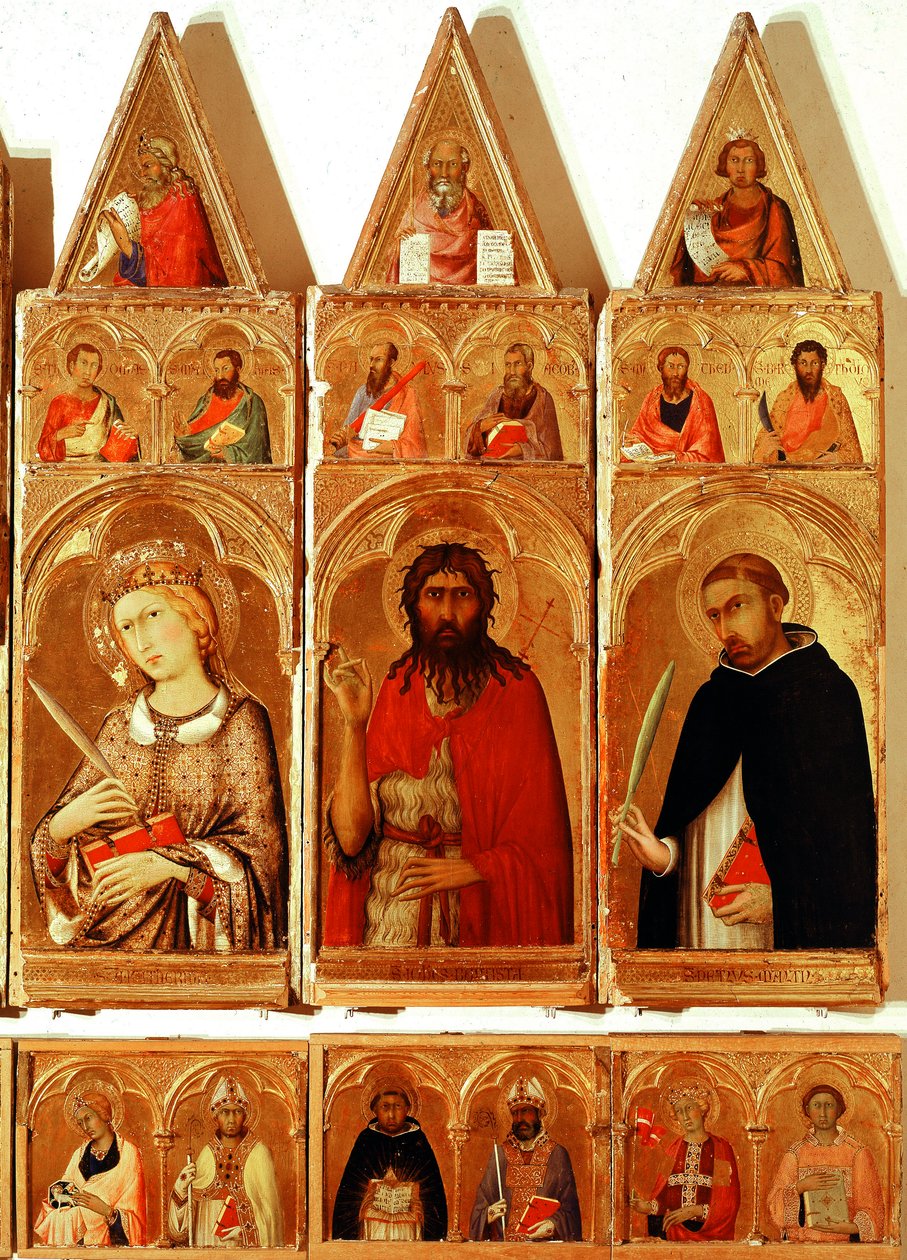 Heilige Katharina von Alexandria, Johannes der Täufer, Heiliger Petrus von Verona. Detail des Polyptychons der Heiligen Katharina von Alexandria von Simone Martini