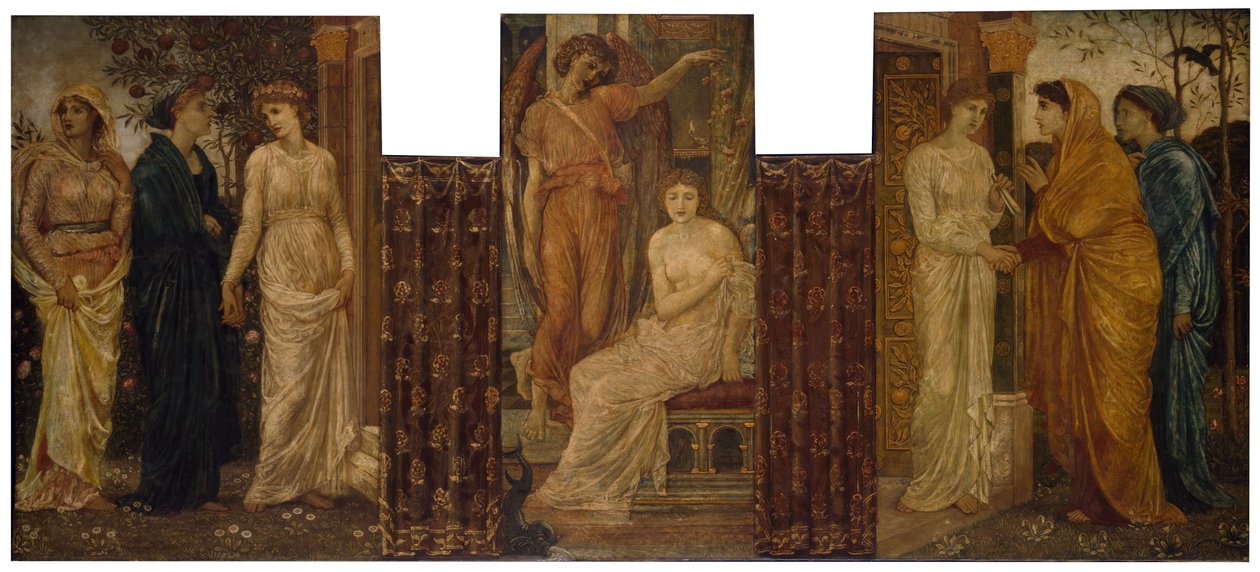 Amor und Psyche - Palastgrün-Wandgemälde - Psyches Schwestern besuchen sie im Haus des Amor von Sir Edward Coley Burne Jones