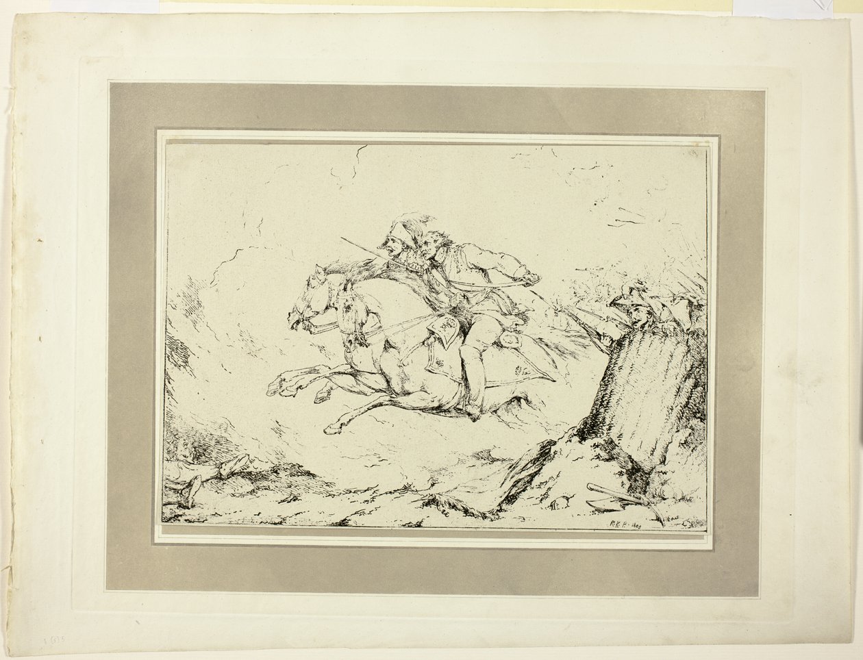 Angriff, aus der ersten Ausgabe von Specimens of Polyautography von Sir Robert Ker Porter
