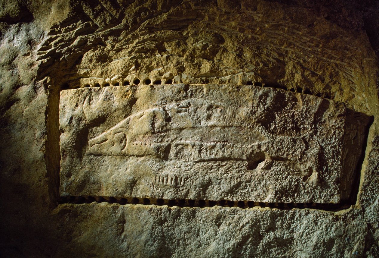 Prähistorische Höhlenschnitzerei zeigt einen Lachs, aus dem Abri du Poisson von Sisse Brimberg