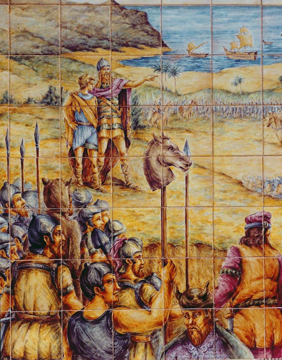 Fliesen, die die Landung von Hamilkar und seinem Sohn Hannibal in Akra Leuce während des Ersten Punischen Krieges darstellen von Spanish School