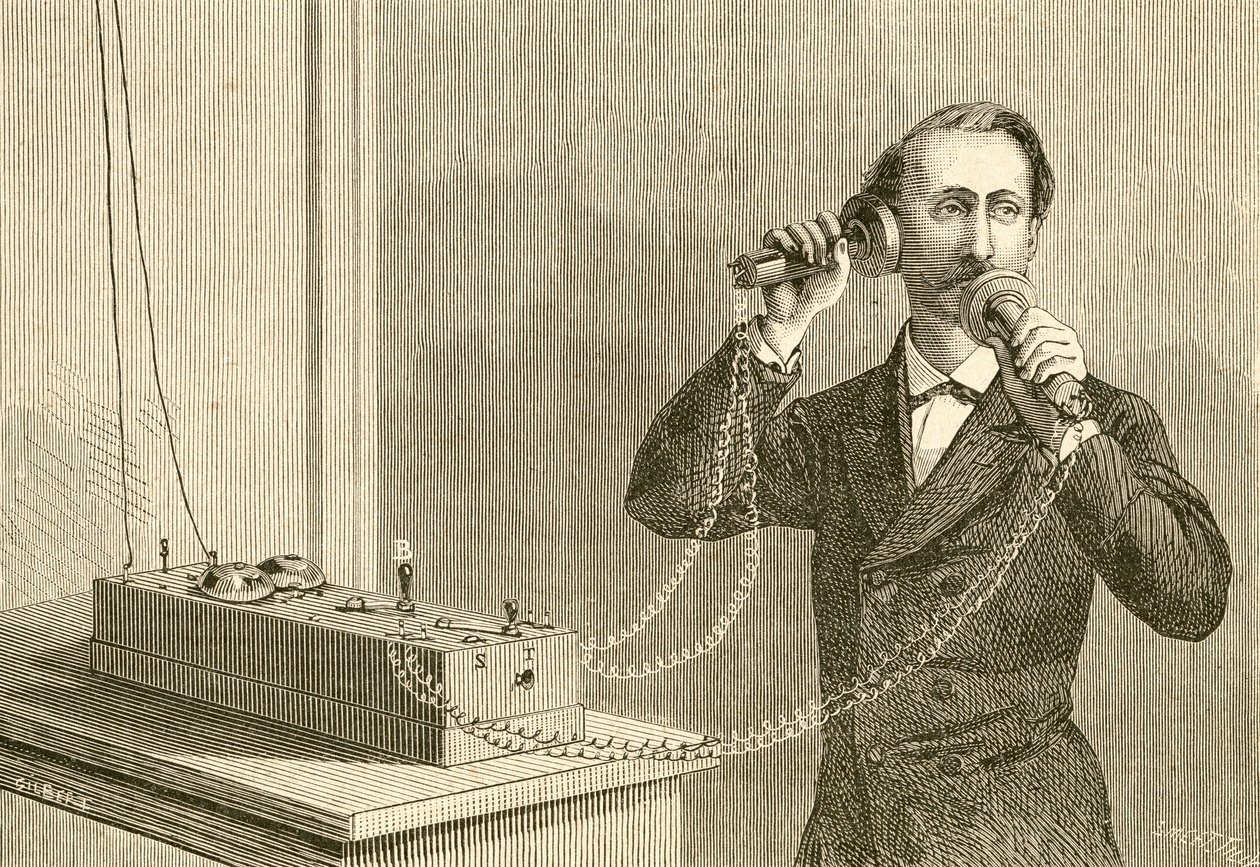 Ein frühes Telefon. Aus El Museo Popular, veröffentlicht in Madrid von Spanish School