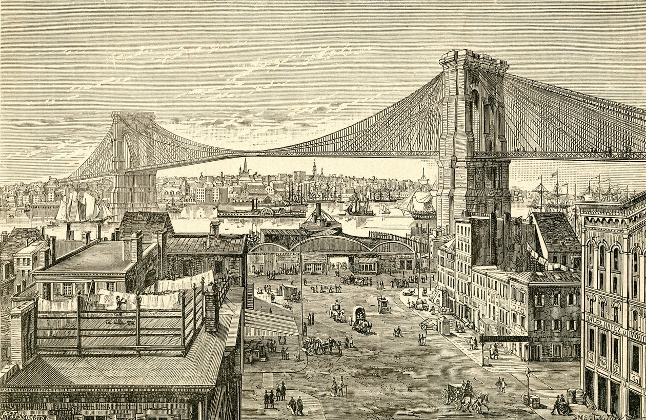 Brooklyn Bridge, New York, Vereinigte Staaten von Amerika im 19. Jahrhundert. Aus El Museo Popular, veröffentlicht in Madrid von Spanish School