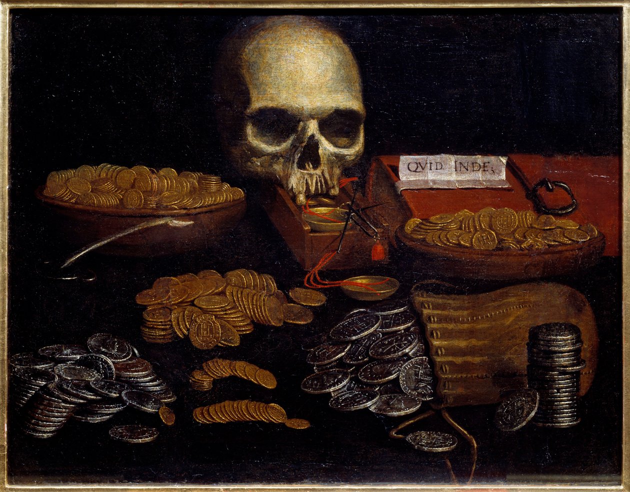 Münz-Eitelkeit Allegorie der Vergänglichkeit der Zeit und des Todes, des Reichtums und der menschlichen Freuden. Gemälde der spanischen Schule. 17. Jahrhundert Rouen, Museum der Schönen Künste von Spanish School