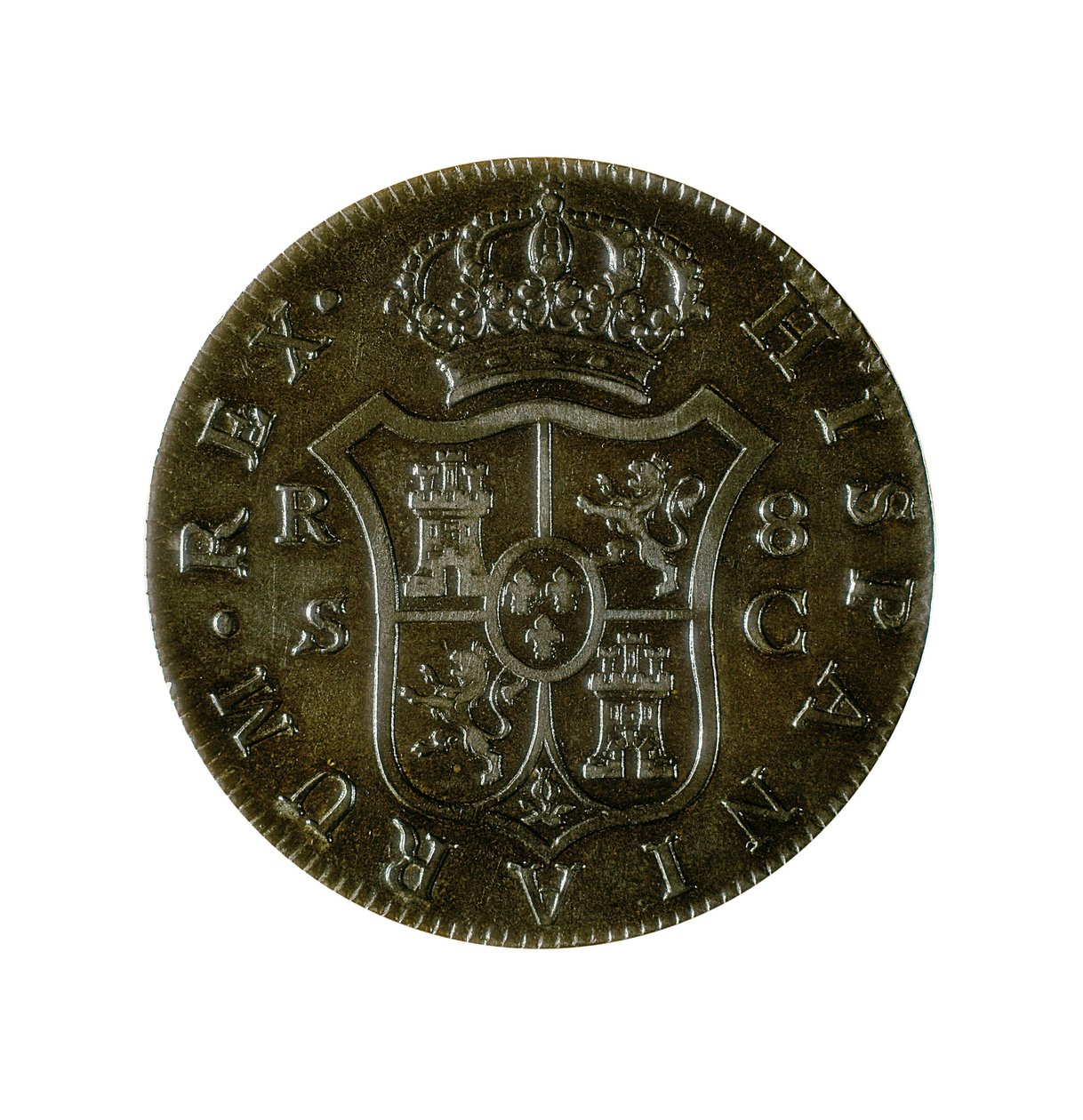 Münze von 8 spanischen Reales, kastilische Währung, geprägt in Sevilla während der Herrschaft von Karl IV. (1748-1819) von Spanish School