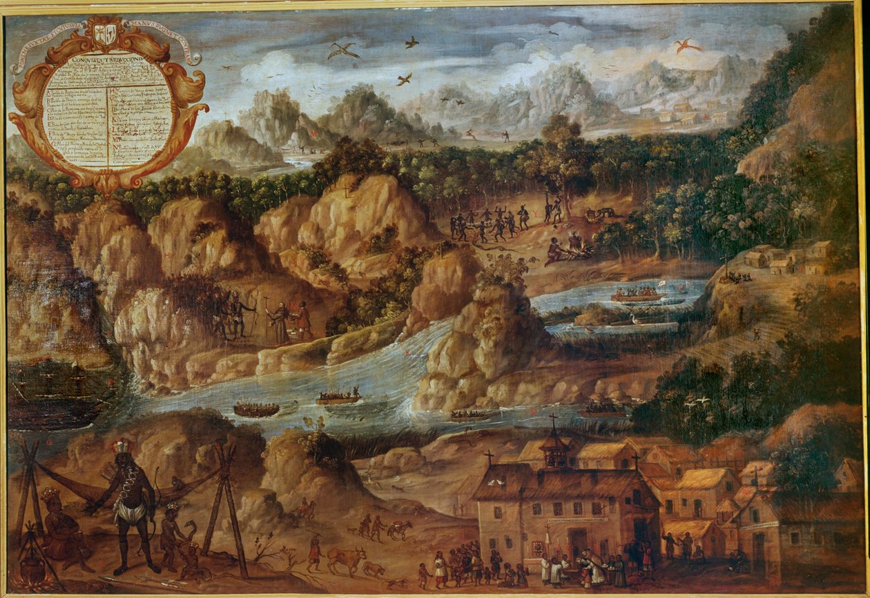 Eroberung der indischen Länder Paraguays, Darstellung der Landschaft, Flüsse und einer neuen spanischen Kirche von Spanish School