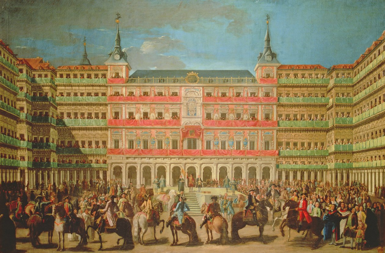 Dekoration der Plaza Mayor für den Einzug von Carlos III. in Madrid von Spanish School