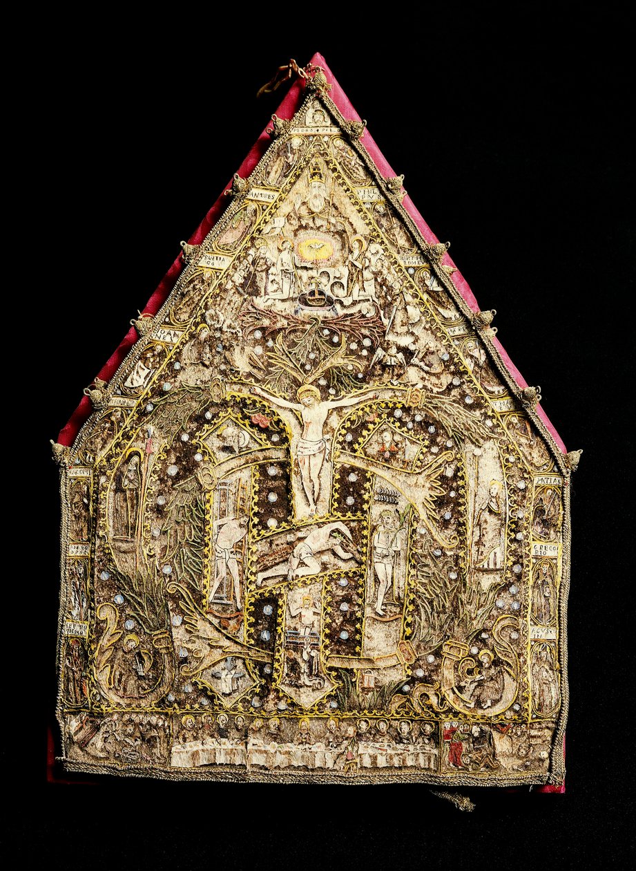 Bischofsmütze aus Gold, dekoriert mit Federmosaiken, hergestellt von spanischen Missionaren in Mexiko. 16. Jahrhundert von Spanish School